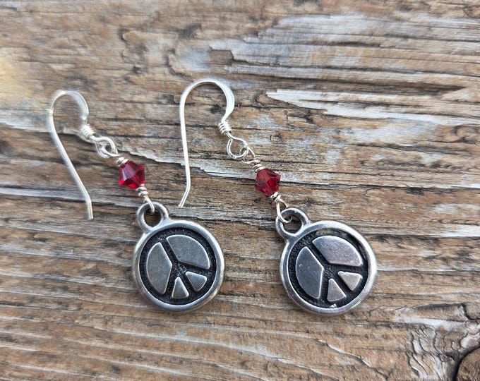 Peace Sign Pewter Charm w/ Red Swarovski Cyrstal Sterling Silver Earrings
