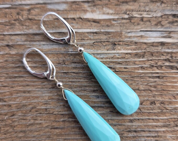 SLEEPING BEAUTY TURQUOISE ~ WoW! Long Faceted Teardrops Gemstone Earrings Sterling Silver Natural Stone