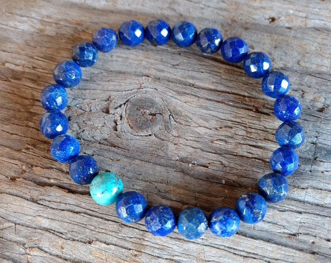 LAPIS LAZULI (Faceted) w/ TURQUOISE Chakra Stretch Bracelet All Natural Semi-Precious Stones Healing Metaphysical