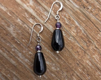 AMETHYST Black Onyx Gemstone Earrings Sterling Silver Natural Stone