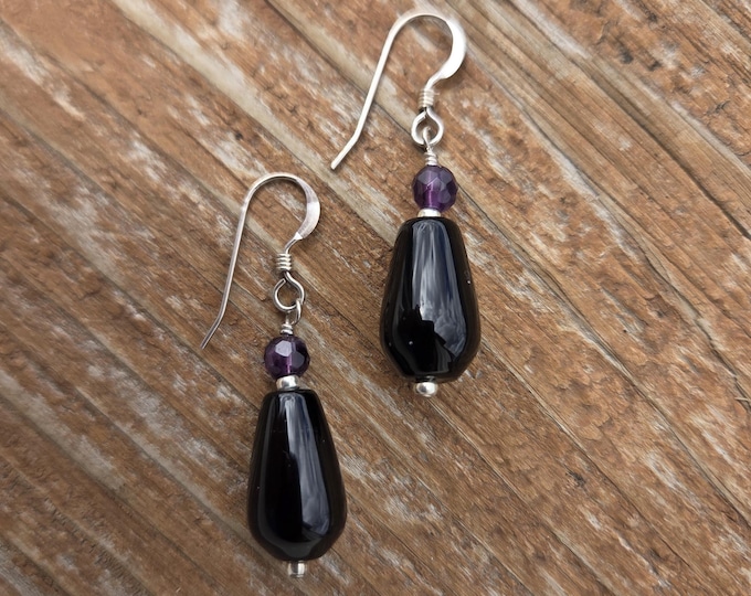 AMETHYST Black Onyx Gemstone Earrings Sterling Silver Natural Stone