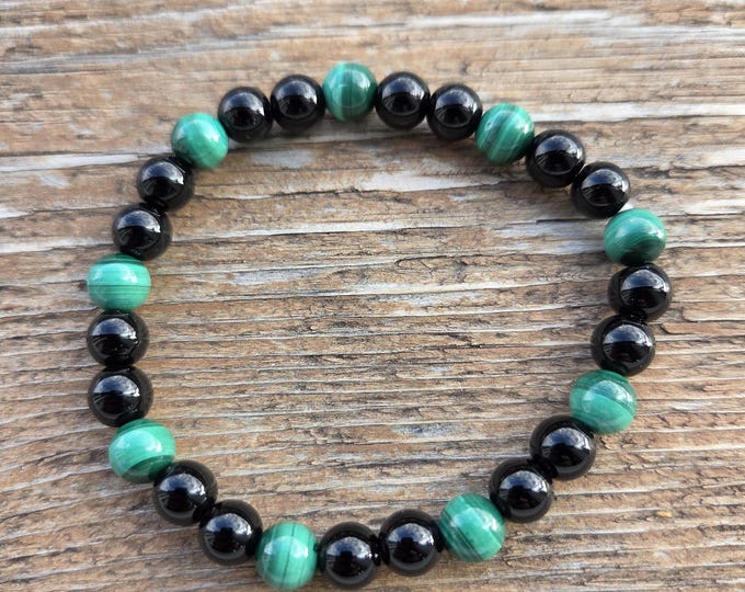 MALACHITE BLACK ONYX Chakra Stretch Bracelet All Natural Semi-Precious Stones Healing Metaphysical
