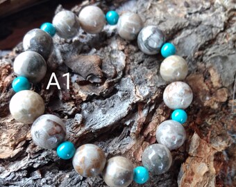 PETOSKEY & TURQUOISE Chakra Stretch Bracelet All Natural Semi-Precious Stones Healing Metaphysical