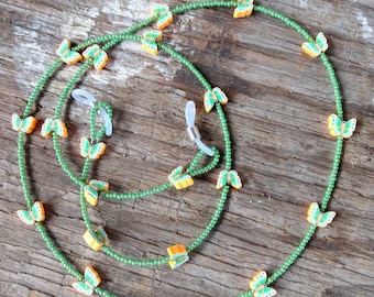 SALE: Pretty Green & Orange BUTTERFLY Butterflies Spring Fimo Polymer Clay and Glass Beads Eyeglass Chain