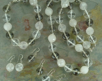 SET: Rose, Rock, Smokey QUARTZ Natural Gemstone Sterling Silver Necklace, Bracelet & Earring Set (3 pairs)