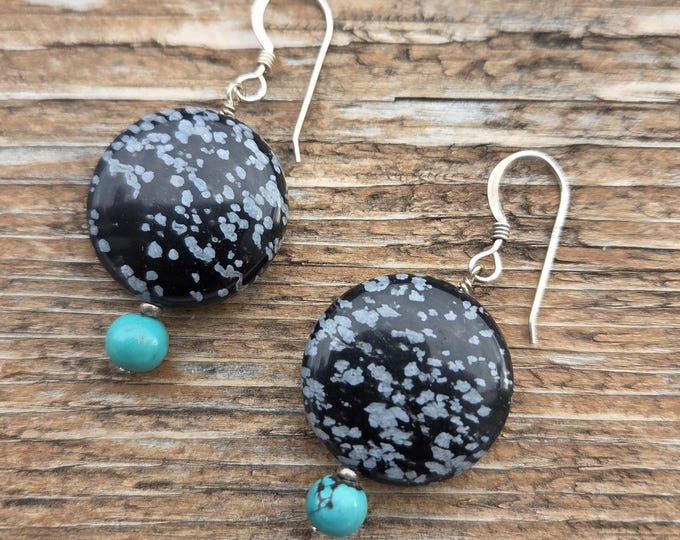 SNOWFLAKE OBSIDIAN Turquoise Gemstone Earrings Sterling Silver Natural Stone