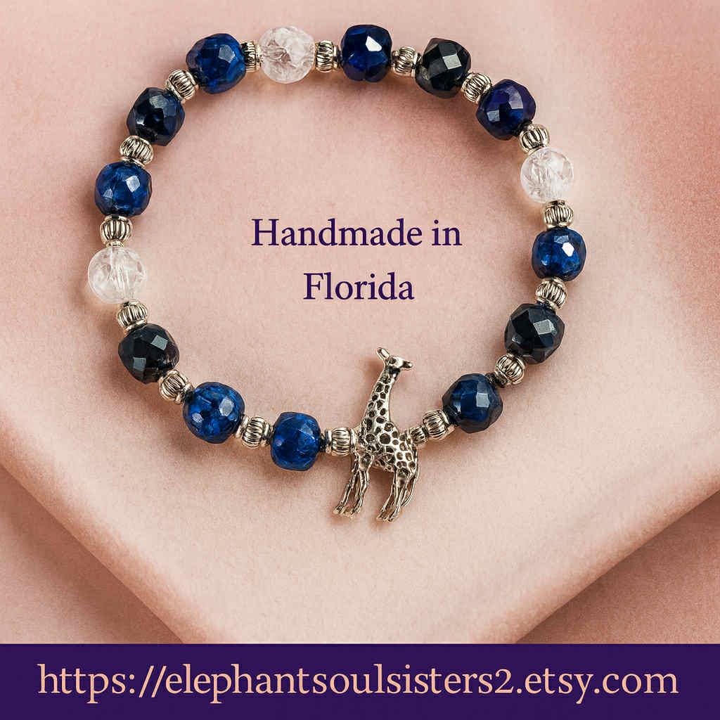 Giraffe, Owl or Cross Charm Bracelet, Dark Blue Cracked Glass Beads, Silver Accents