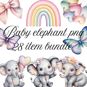 Baby Elephant PNG Clipart Bundle – 28 Pastel Nursery Animal and Accessory Illustrations for Sublimation, Scrapbooking & Crafts