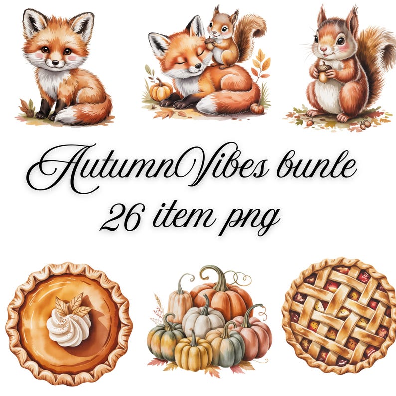 Autumn Clipart Bundle | 26 PNG Watercolor Fall Illustrations | Pumpkins ...