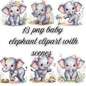 Baby Elephant Clipart with Scenes – 13 PNG Bundle for Nursery Art, Baby Shower Decor, Sublimation & Crafts
