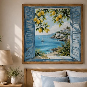 May include: A framed painting depicts a coastal scene viewed through blue shutters. The artwork showcases a vibrant blue sea, white buildings, and yellow lemons. Two sailboats are visible on the water, and the painting is set in a wooden frame.