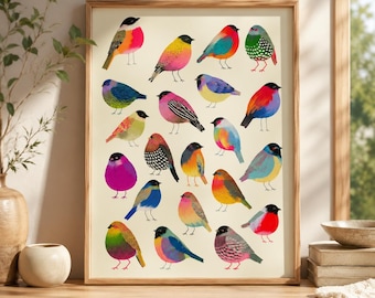 May include: A framed art print featuring a collection of twenty stylized birds arranged in a grid pattern. Each bird is rendered in vibrant, distinct color combinations including shades of pink, blue, yellow, green, and orange against a cream background.