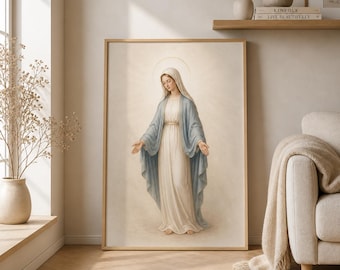 Blessed Mother of God Wall Art, Virgin Mary Catholic Poster, Neutral Christian Decor, Catholic Baptism Print