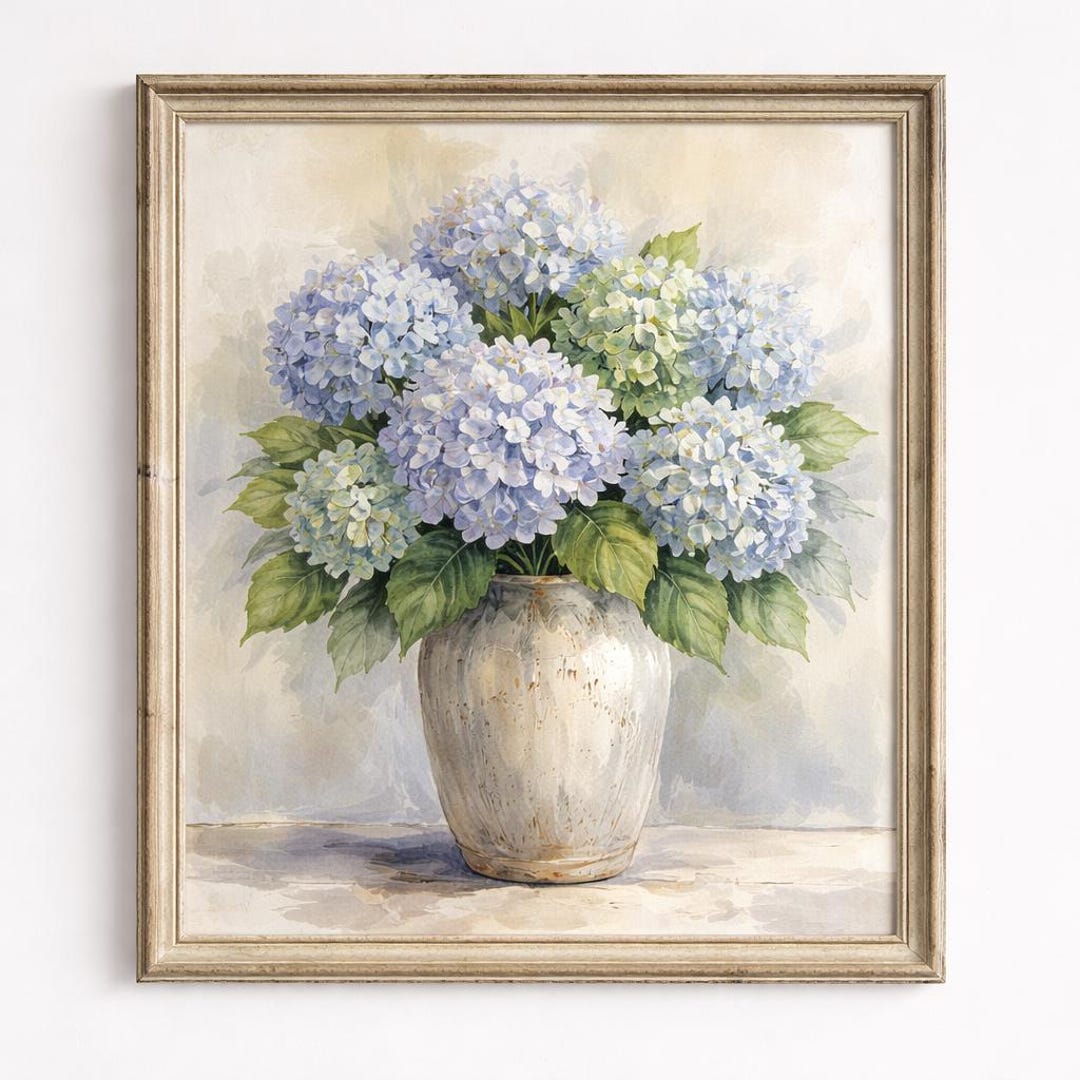 Blue Hydrangea Floral Wall Art Print, Vintage Flower Vase Painting ...