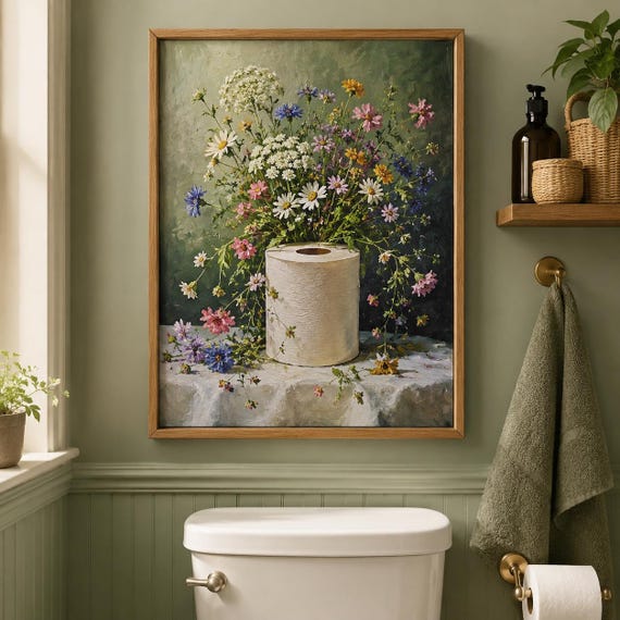 Funny Floral Toilet Paper Poster, Funny Bathroom Wall Art, Vintage Flower Tissue Print, Vintage Flower Vase Print, Quirky Bathroom Wall Art