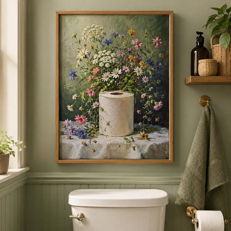 May include: A framed wall art print featuring a still life painting of a bouquet of wildflowers, including white, pink, and blue blossoms, arranged in a white toilet paper roll. The artwork is displayed in a light wood frame on a green wall.