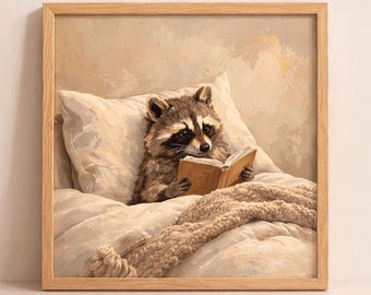 Raccoon Reading Book Wall Art, Cozy Woodland Animal Painting, Cottagecore Nursery Decor, Whimsical Forest Animal Print