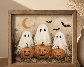 Farmhouse Ghost Halloween Wall Art, Vintage Pumpkin and Bat Print, Rustic Fall Decor, Spooky Autumn Artwork