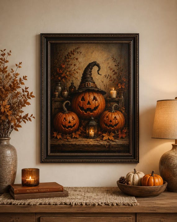Halloween Pumpkin Wall Art, Vintage Jack O Lantern Poster, Witch Hat Pumpkin Print, Rustic Autumn Decor, Spooky Farmhouse Wall Art