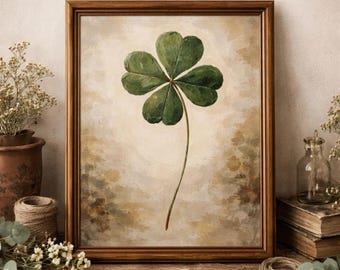 Four Leaf Clover Wall Art Print, Lucky Clover Botanical Artwork, Vintage Rustic Farmhouse Decor, Neutral Nature Wall Art, Good Luck Gift