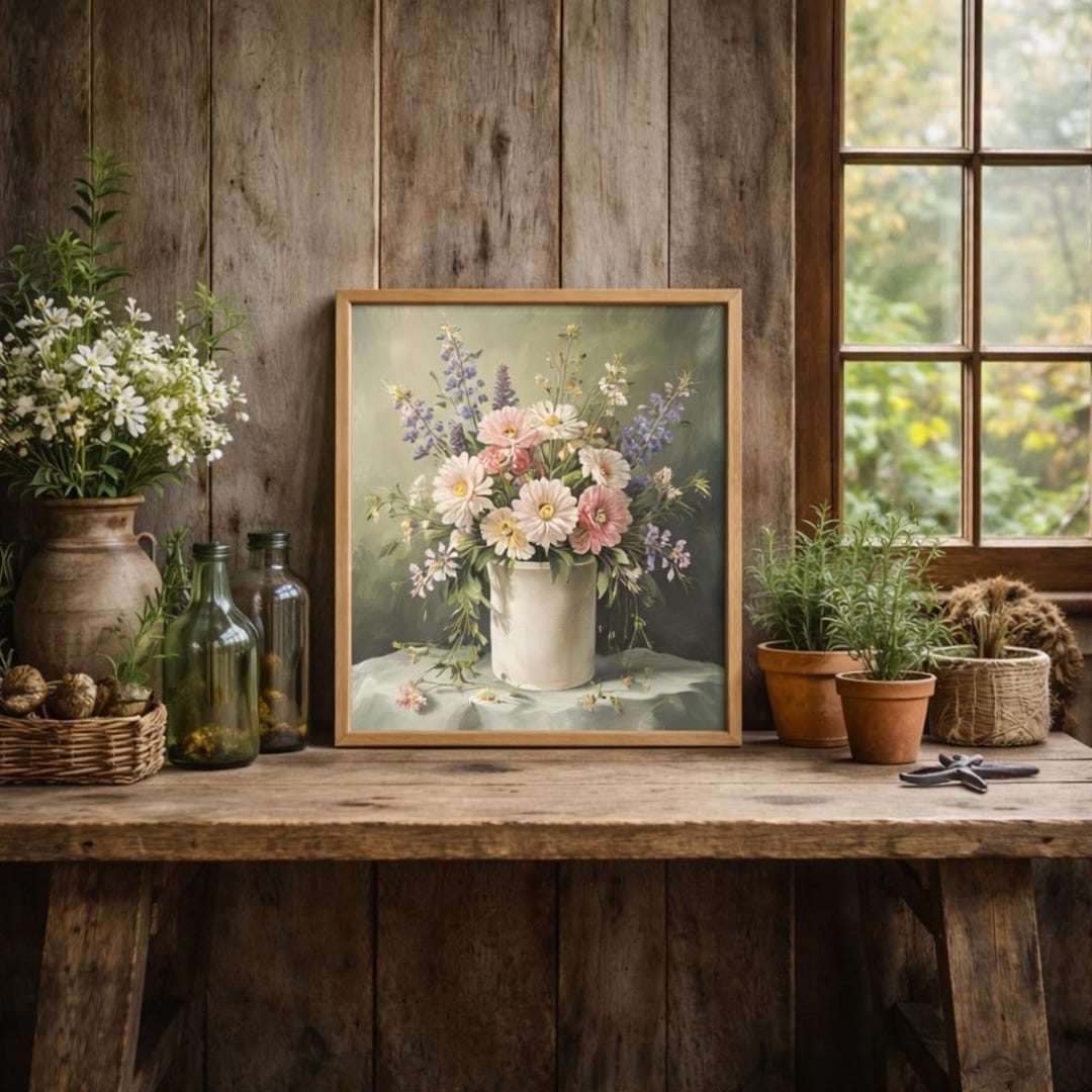 Vintage Floral Still Life Wall Art, Cottagecore Flower Painting, Rustic ...