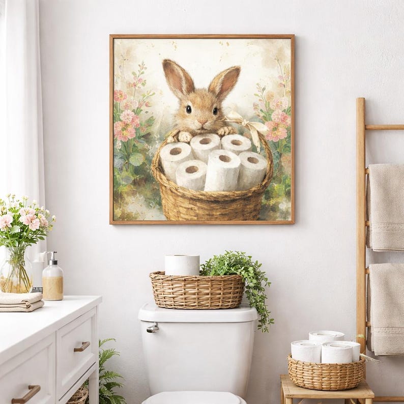 K&ouml;nnte beinhalten: Ein gerahmter Aquarelldruck zeigt ein braunes Kaninchen, das &uuml;ber einen Weidenkorb voller Toilettenpapierrollen blickt. Das Kunstwerk hat einen floralen Hintergrund mit rosa Blumen und einen hellbraunen Holzrahmen.