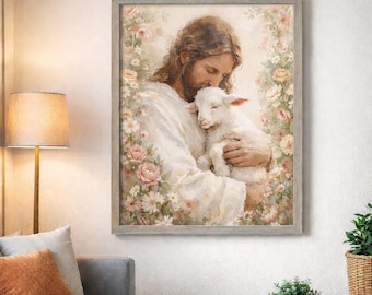 Jesus With Lamb Wall Art, Christian Canvas Print, Good Shepherd Painting, Religious Wall Decor, Bible Art, Faith Home Decor