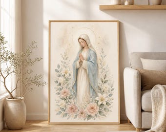 Blessed Mother of God Floral Wall Art, Virgin Mary Catholic Art Poster, Neutral Christian Decor, Catholic Baptism Print