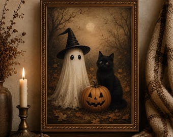 Vintage Halloween Ghost Wall Art, Black Cat and Pumpkin Print, Spooky Witch Decor, Rustic Autumn Framed Artwork