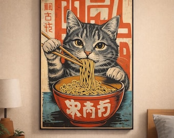 Funny Cat Eating Ramen Wall Art, Japanese Style Cat Print, Cute Food Illustration, Kitchen Decor Gift