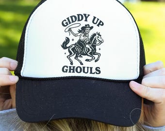 Halloween Trucker Hat, Spooky Trucker Hat, October Hat, Skeleton Hat, Women's Costume, Giddy Up, Ghouls Hat, Ghouls