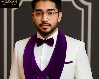 Royal White & Purple Velvet Jacquard Tuxedo – 3 Piece Groom Party Suit Muskan Suit Studio