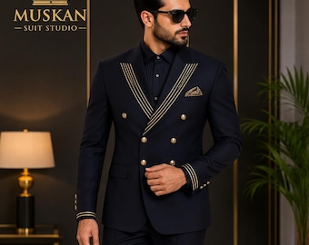 Luxe zwart double-breasted pak voor mannen, gouden versiering bruiloft smoking, designer bruidegom pak, galabal, herenblazer set