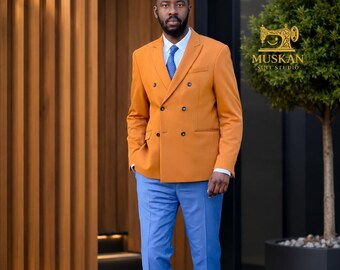 Mosterdoranje double-breasted pak voor mannen, verbrande oranje blazerset, aangepast trouwpak, prom smoking, outfit bruidegom, formele herenkleding