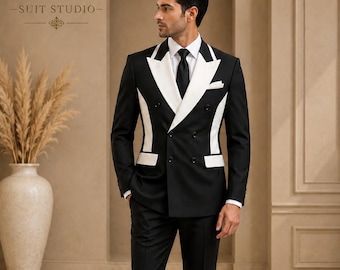 Black White Tuxedo Suit for Men, Double Breasted Wedding Suit, Groom Reception Tuxedo, Prom Suit, Custom Tailored