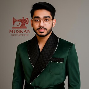 Men’s Emerald Green Belted Blazer with Black Quilted Lapel & Pearl Trim – Muskan Suit Studio