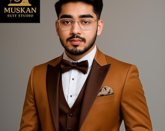 Goudbruin pak: 3-delig slim fit met satijnen revers