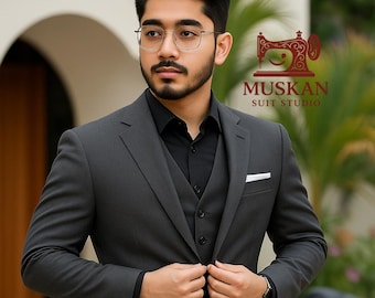 Slim Fit Charcoal Grey 3-Piece Suit with Black Shirt