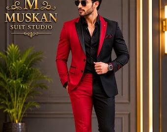 Rood zwart splitpak heren, tweekleurige formele bruiloftsoutfit