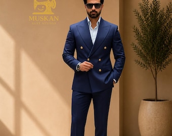 Royal Blue Double Breasted Suit for Men, Navy Wedding Suit, Groom Reception Outfit, Custom Tailored Formal Suit