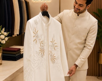 Cream Indo Western Sherwani for Men, Ivory Wedding Suit, Embroidered Bandhgala Set, Reception Outfit, Groom Sherwani, Custom Tailored Suit