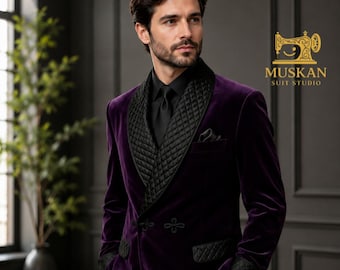 Mens Purple Velvet Blazer, Black Shawl Lapel Tuxedo Jacket, Luxury Designer Wedding Dinner Jacket for Men