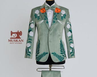 Hand Embroidered Velvet Blazer Suit | Sage Green Floral Outfit
