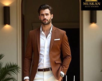 Brown Blazer with Cream Pants: Men's Slim Fit Suit