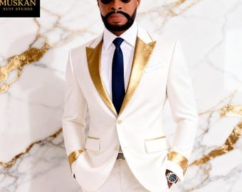 Eleganter Weißgold Hochzeitsanzug für Männer, Luxus-Smoking-Blazer-Set, Bräutigam-Abschlussball-Outfit, maßgefertigter Anzug