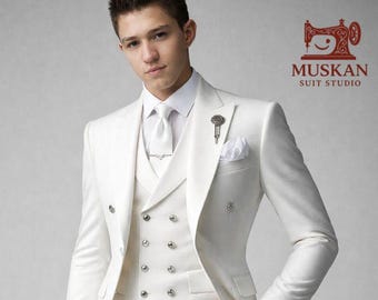 Ivory Double Breasted Suit Men, Slim Fit Wedding Tuxedo, Formal Party Blazer