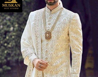 Ivory Groom Sherwani Set | Heavy Zari Embroidery, Asian Wedding Wear