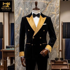 Black Velvet Double Breasted Tuxedo, Gold Peak Lapel Suit, Wedding Prom Dinner Blazer Set, Custom Made Men’s Suit