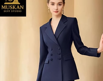 Marineblauer Damen Hosenanzug - Zweireihiger Blazer mit passender Hose Muskan Suit Studio