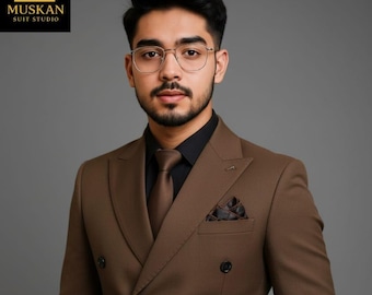 Bruin double-breasted slim-fit kostuum - elegante formele kleding voor heren